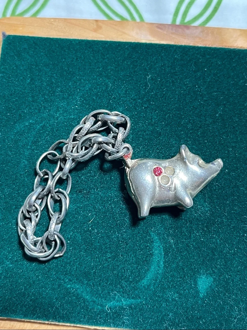 Silver Pig Charm Bracelet with Colorful Accent Stones VINTAGE